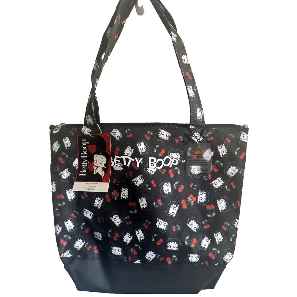 Betty Boop Cherry Print Large Tote Bag NWT Zip Top Shoulder Purse Black Licensed